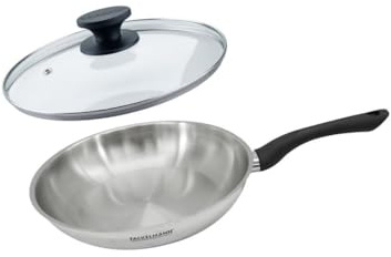 Fackelmann 9441750 Set de poêles 28 cm en acier inoxydable 18/8 et couvercle en verre, poêle à frire, tous types de feux, poêle à induction, poêle sans PFAS, acier inoxydable 18/8, verre, 28 cm