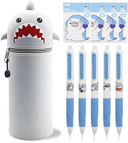 SYTTNUM Trousse Ecole 2 en 1 en Silicone Souple, Porte Stylos Shark 2-en-1, 5 Stylo Neutre Effaçable Requin, 4 Notes Adhésives sur Les Animaux, Kits d'apprentissage pour Les Écoles d'Élèves