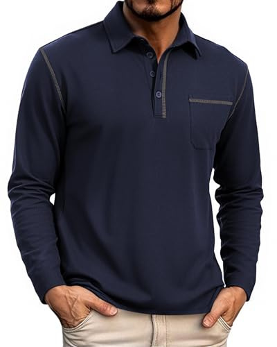 HMIYA Herren Poloshirt Langarm Männer Knopfkragen Baumwolle Polo Hemd Basic Polohemd PulloverGolf Casual T-Shirt