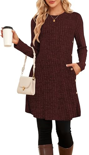 SENBATU Abito a Maniche Lunghe da Donna Abito Invernale Abito Tunica da Donna Bottoni Laterali con Tasche(Rosso,XX-Large)