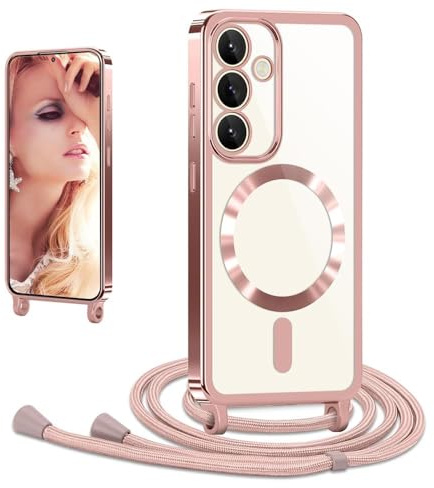 CaseLover Magnetische Handyband für Samsung Galaxy S25 FE 5G Hülle mit Band, Klare Silikon Necklace Handyhülle mit Kordel zum Umhängen Stossfest mit Kameraschutz Bumper Schutzhülle Case, Roségold