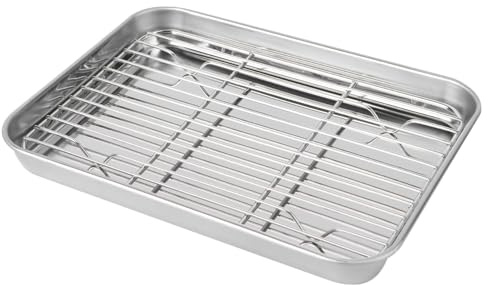 HONITANO 2 Pièces Plaques Cuisson Inox avec Grille Refroidissement Amovible Plateau Rôtissage sans Revêtement pour Four et Barbecue