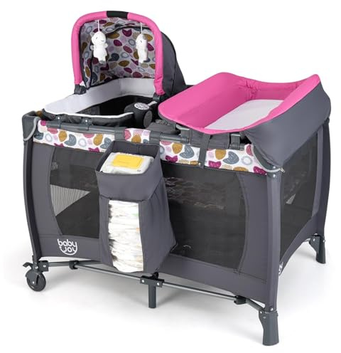 DREAMADE 5-in-1 Reisebett Baby, Beistellbett mit Matratze, Wickelauflage, Rollen & Tragetasche, Babybett mit Musikbox & Hängespielzeug, für Neugeborene und Kleinkinder (Rosa)