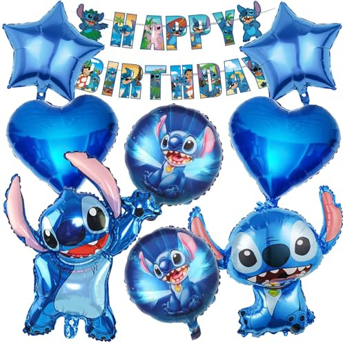 9 Pièces Decoration Anniversaire Stitc Garçon Fille, Stitc Ballons Set de Décoration de Fête, Ballon en Aluminium de Anniversaire pour Enfants