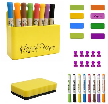 Whiteboard Zubehör Set: 8 Whiteboard Marker mit magnetischem Schwamm und magnetischer Stiftehalter, 27 beschreibbare Magnetstreifen und 10 starke Neodym Magnete, Essentials für Büro und Schule