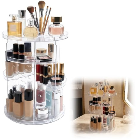 Drehbarer Kosmetikorganizer 360°, großer Make-up-Organizer mit verstellbaren Fächern, Aufbewahrungsbox für Schminktisch, Bad und Schlafzimmer, Transparent