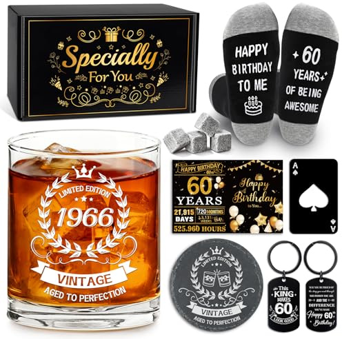 Epaing 1966 60th Birthday Gifts for Men Whiskey Glass Set, Vintage 430ml Whisky Glass Personalised Gifts for Mens, Whiskey Gift Set for Men with Whiskey Stones Keyring Bottle Opener Coaster Card Socks