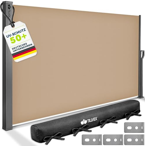 tillvex® Toldo Lateral 160 x 300 cm Extensible y Opaco con Cubierta | Protección Visual para balcón, jardín y terraza | Estor Lateral con Soporte de Pared | Protección Solar de Acero Inoxidable