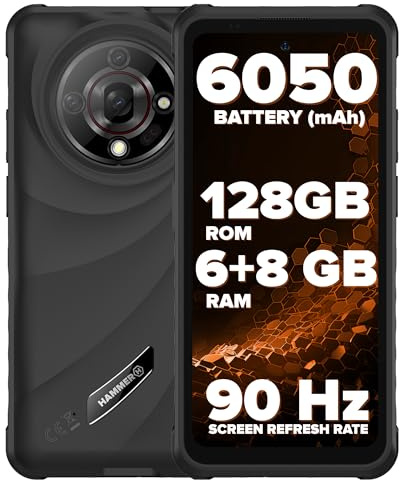 Hammer H Iron 6 Rugged Smartphone SIM Free, 6GB RAM 128GB Storage, MediaTek Helio G81 Octa-Core, 6050mAh Battery, 48MP Camera with Night Vision, 6.56” 90Hz Display, IP69 Waterproof, Dual SIM/NFC/Black
