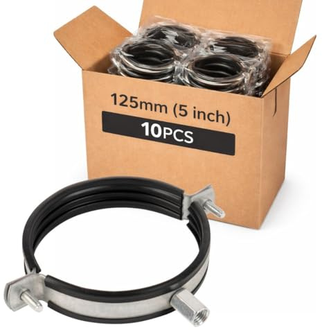 TURvent Lot de 10 Collier de Serrage 125 mm avec Filetage M8/M10 – Collier de Fixation pour Conduit de Ventilation avec Insert en Caoutchouc – Support de Tuyau Métal pour HVAC