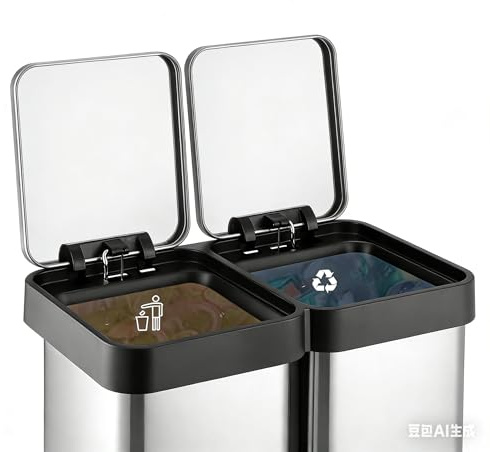 Dual Compartment Kitchen Trash Can & Recycling Bin 16 Gallon 60L, Stainless Steel Hands-Free Foot Pedal, Soft-Close Double Lid with Removable Inner Buckets, Fingerprint-Resistant Modern Design