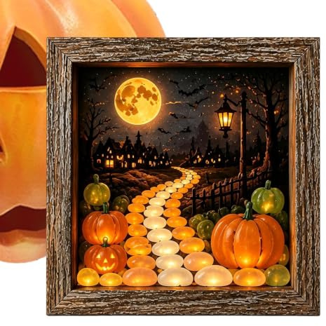 Halloween Erinnerungsbox Fotorahmen Rustikales Holz Beleuchtet Leuchtend | LED Erinnerungsbox Mit Holzrahmen Und Steinen für , Kaminsims, Tischplatte, Schlafzimmer, , Flur, Büro