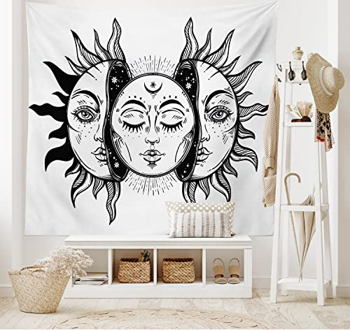 ABAKUHAUS Mond Wandteppich, Monochrome Sonne und Mond aus Weiches Mikrofaser Stoff Waschbar ohne Verblassen Digitaldruck, 150 x 110 cm,Weiß Schwarz