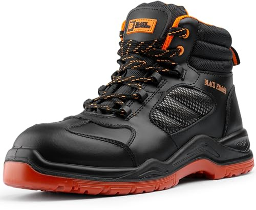 Black Hammer Composite Safety Boots for Men Non-Metallic Lightweight Durable Work Shoes Non-Slip Anti-Static Smooth Leather 8844 (8 UK)