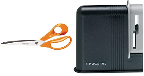 Fiskars Ciseaux professionnels pour tissu, Longueur: 25 cm, Pour droitiers, Lames en acier inoxydable, Orange & Aiguiseur à ciseaux, Pour ciseaux de droitier, Pierre à aiguiser en céramique, Noir/Gris