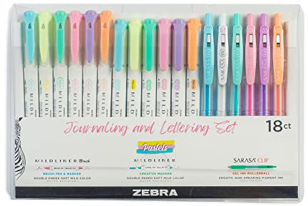 Zebra Pen Mildliner - Set regalo con evidenziatore a doppia punta, include penne gel Sarasa, evidenziatori pastello e pennello, penne a doppia punta, colori assortiti, 18 pezzi