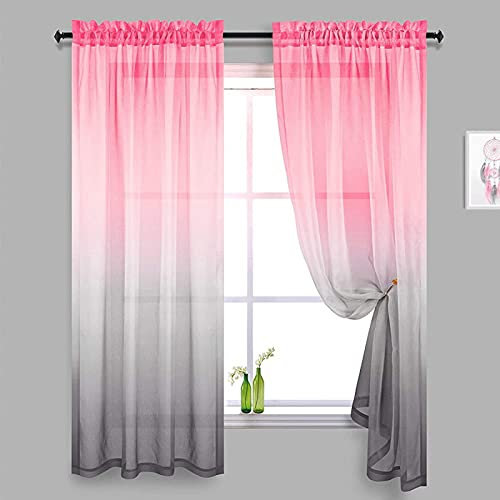 GEBIN Curtains for Living Room Bedroom Decor Set 2 Panels Rod Pocket Window Sheer Curtains, Voile Drapes Ombre Beach Curtains for Bedroom Dining Home Decoration (Pink and Gray,W52 x L96 in)
