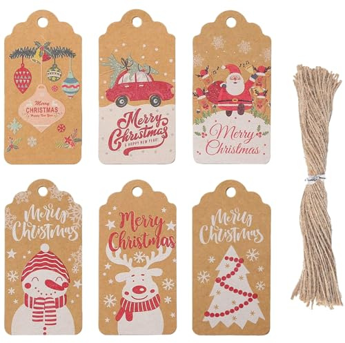 Koogel Weihnachten Geschenkanhänger, 120 Stück Kraftpapier Etiketten mit 1 Rolle Schnur für Weihnachten Dekoration Geschenkverpackung 4 x 8 cm