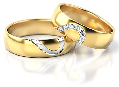 JC Trauringe Gold Paarpreis Poliert I Traumhafte Eheringe breit 5 mm I Einmalige romantische Herz-Design Partnerringe Gelbgold mit Gravur I 2 Hochzeitsringe Herrenring & Damenring mit Steinen I PL315