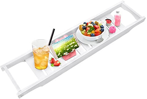 Ausla Badewannenablage,Weiß Wein Halterung Badewanne Ausziehbares WPC 27,6 Zoll Länge Tablet Halterung Badewanne Bücherablage für im Badezimmer Relax time