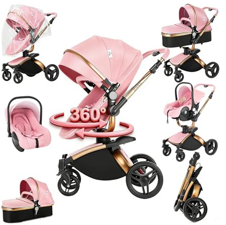 Magic ZC 360° Rotación Cuero PU Carrito Bebe 3 en 1, Carro 3 Piezas con Diseño Portátil Plegable de Un Clic, Cochecito Tres Piezas Carricoche Bebe con Empuje Reversible de Dos Vías (906 Pink)