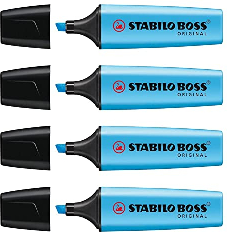 STABILO Boss Original Textmarker nachfüllbar, abgeschrägte Spitze, 2 – 5 mm, Blau, 4 Stück
