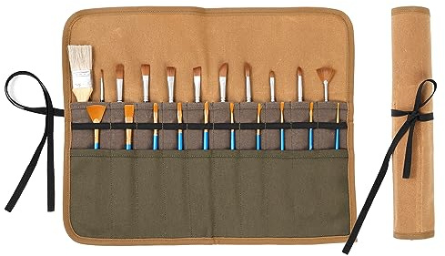 Kaaltisy Pinsel Etui, Multi-Colored Federmäppchen - 20 Taschen & Elastic Band, 16oz gewachstem Segeltuch Bleistift Lagerung Rolle Stiftrolle | Khaki | 43cm x 33cm