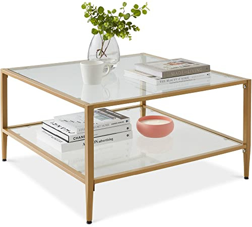 Best Choice Products 32” Square Glass Coffee Table, Large 2-Tier Accent Furniture for Living Room, Bedroom w/Metal Frame, Glass Shelves - Gold