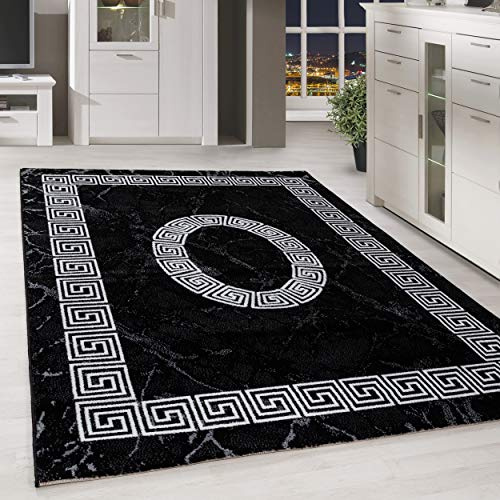HomebyHome Teppich 140x200 cm Schwarz Kurzflor Mäander Bordüre Design Moderner Teppich für Wohnzimmer Schlafzimmer Flur Küche Esszimmer Kinderzimmer Pflegeleicht Weich