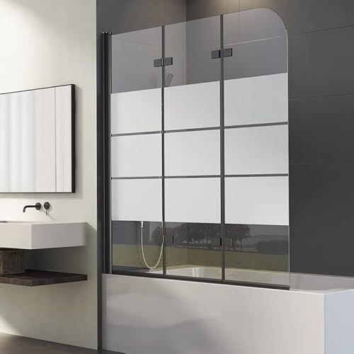 Duschwand für Badewanne 3-teilig 130x140cm Schwarz Gestreift Dreifaltigkeitstür Duschtrennwand mit 6mm ESG Glas, Streifenmuster Trennwand Faltbar Badewannenwand Sicherheitsglas Dusche