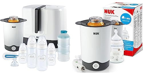 NUK First Choice+ Komplettes Fütterungsset | Vario Express sterilisator, 4x babyflaschen & Thermo Express Plus Flaschenwärmer, schnelles und schonendes Erwärmen in nur 90 Sekunden