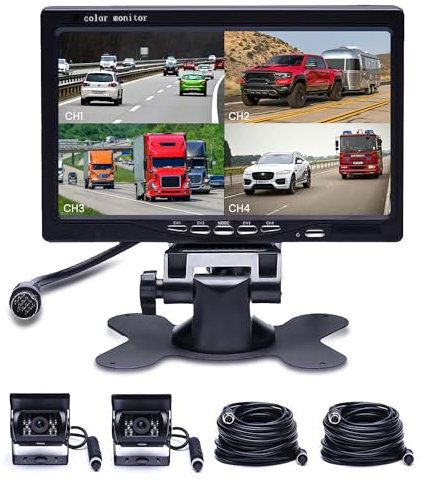 Truck Backup Camera with 7 inch Monitor Reverse Camera 4 Split Screen Front Car Rear View Camera 18 IR Night Vision Waterproof Aviation 4 Pins Connector For Trucks RV Trailer Bus 12V 24V