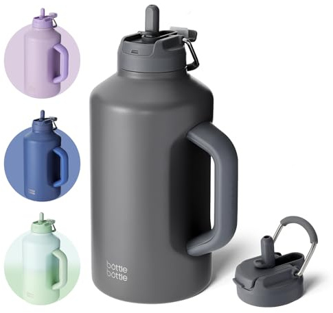 BOTTLE BOTTLE Insulated Water Bottle 64 oz with Straw and Dual-use Lid Stainless Steel Water Bottle for Men with Handle Vacuum Insulated Beer Growler for Workout Sports Soccer gray