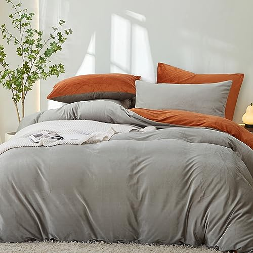 Sedefen Flanelle Housse de Couette 220x240cm + 2 Taies d'oreiller 65x65cm Gris Orange Réversible Parure de lit 2 Personnes Peluche Hiver Chaude Duveteuse Ado Linge de lit Avez Fermeture Éclair