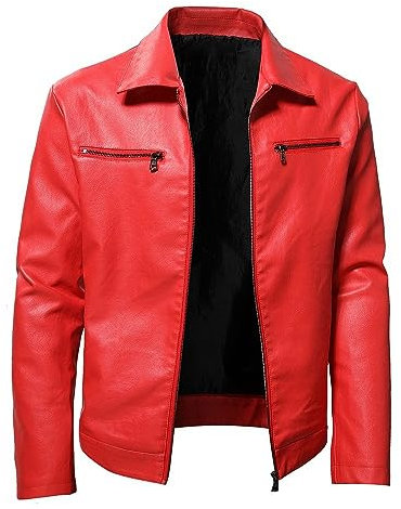 SAWEEZ Motorradjacke Herren Leder, Herren Pu Lederjacken Vintage Kunstleder Motorradjacke Slim Fit Bomberjacke Lässige Windjacke Übergangsjacke Für Herbst Winter,Rot,Xl