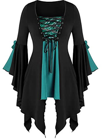 Damen Gothic Oberteile mit Schmetterlingsärmeln Bluse mit überkreuztem Pailletten Einsatz Hexen Pullover mit gebundener Taille Retro mittelalterliches Karnevals Partykleid Renaissance Cosplay Kostüm