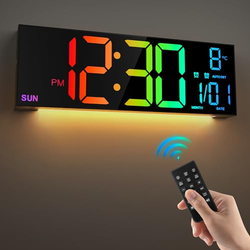 HAITANG 16.5'' Large Digital Wall Clock with Remote Control, Big LED/Dual Alarm/8 RGB Colors/Auto Brightness/Date/Auto DST/Temperature/Night Light Gym Clocks for Living Room Bedroom Office Wall Decor