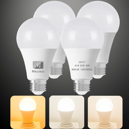 M MayJazz 3 Color Temperature LED Light Bulb A19 2700K-5000K-4000K,3CCT Color Changing Light Bulbs,Energy Saving 9W(60W Equivalent) LED Bulb,810LM,e 26 Base for Bedroom,Living Room,4 Pack