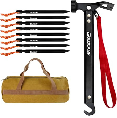 8 Pack Tent Stakes and Hammer with Canvas Storage Bag, Heavy Duty Camping Stakes for Outdoor Tent & tarp-Essential Accessories, Carbon Steel Aluminum Camping Hammer for Hiking Kit