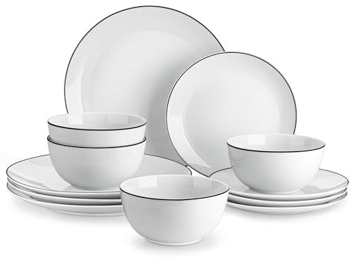 Malacasa 12-Piece Gourmet Porcelain Dinnerware Set, Modern White with Black Rim, Dinner Set for 4 People, Premium Dinner Plates and Bowl Sets, Chip and Scratch Resistant Dinnerware, Series