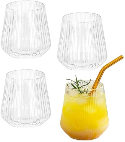 Lot de 4 verres à vin rouge et blanc de 380 ml faits à la main, verres à vin côtelés, verres de camping, verres à boire striés style origami, verres vintage sans pied pour champagne, traiteur, mariage