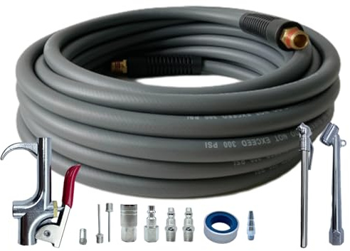 Air Hose 1/4 in x 30 ft, Hybrid Air Compressor Hose Kit with 1/4 in NPT Male Threads, 13 Piece Air Tool & Air Compressor Accessories Kit, Bend Restrictors, 300 PSI (Grey, 30FT-13 Pieces)