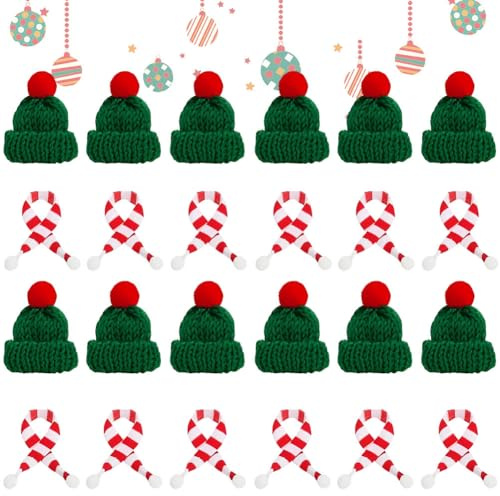 CYZJPRVN 24 Stück Mini Weihnachtsmütze, Mini-Strickmütze des Weihnachten, Nikolausmütze Klein für Weihnachten Weinflasche Abdeckung, Weihnachten Hut Puppenmütze für DIY-Mini-Party und Schal Set