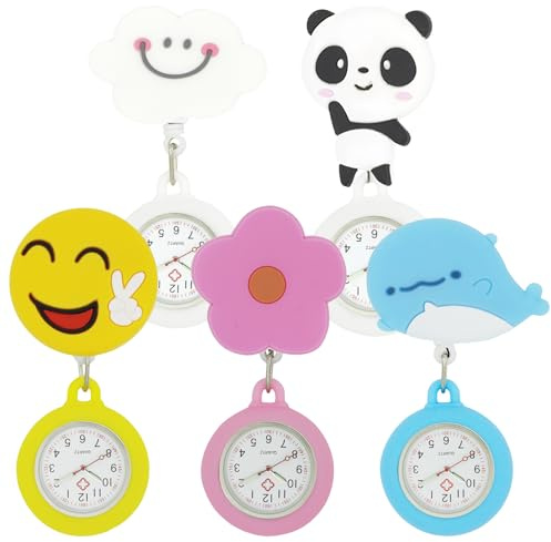 GOEDCH Montre gousset pour infirmière : 5 pièces mignonne montre de poche escamotable pour infirmière avec pointeur lumineux, étui en silicone, pour soignants, femmes