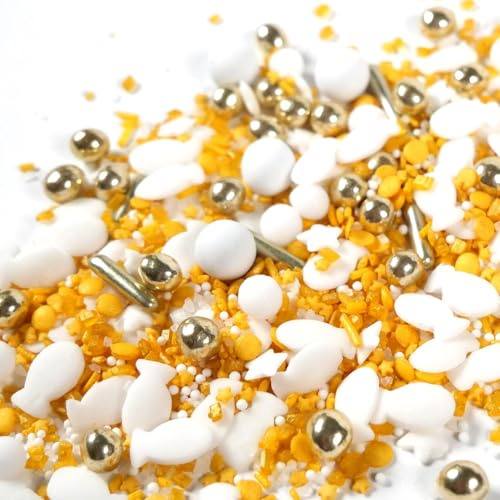 Streuselheld Holy 80g Fische Zuckerstreusel und Schokoperlen | Goldene Sprinkles-Mix Tortendeko zur Kommunion, Taufe oder Firmung Streusel zum Verzieren von Muffins, Cupcakes und Kuchen