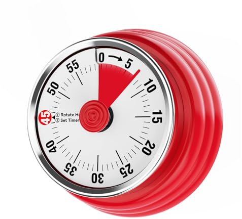 Tada 60 Minute Visual Mechanical Kitchen Timers for Cooking, Magnetic | 60-min wind up visual countdown timer. Strong magnetic backing for fridge & ovens. Ideal for baking, homework & fitness (red)