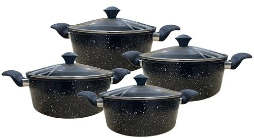 Reldor Non-Stick Stock Pot Casserole Dishes with lids, Mild Steel Black Stockpot Casserole Set Sauce Pan Soup Pot with Tempered Glass Lids Cookware Set Compatible with Gas & Electric Hob (Set of 4)