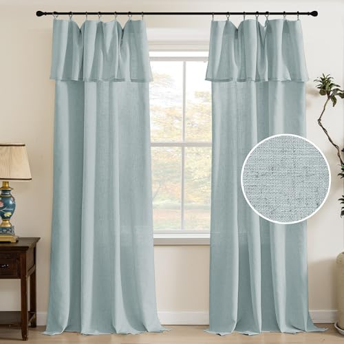 PrinceDeco Linen Curtains with Attached Valance for Living Room, Light Filtering Farmhouse Semi-Sheer Treatments Rod Pocket/Ring Top for Bedroom, 2 Panels Set - W52 x L95, Cloud Blue