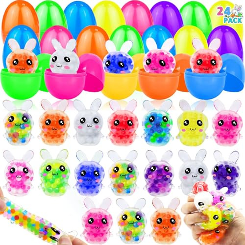 24 Pack Prefilled Easter Eggs with Bunny Stress Ball Fidget Toy 12 Color Squeeze Squishy Relief Toy for Kids Boys Girls Easter Basket Stuffers Filler Easter Egg Hunt Party Favors Gifts Classroom Prize