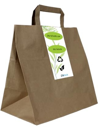 Enpack - 50 Stück Papiertüten braun mit Henkel - Geschenktüten für kleine Geschenke 26+17x26 cm - Papiertragetaschen aus Kraftpapier - Braune Papiertüten - Papier Geschenktaschen zum befüllen